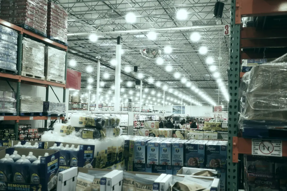 Inside a large distribution centre with pallets and loading docks