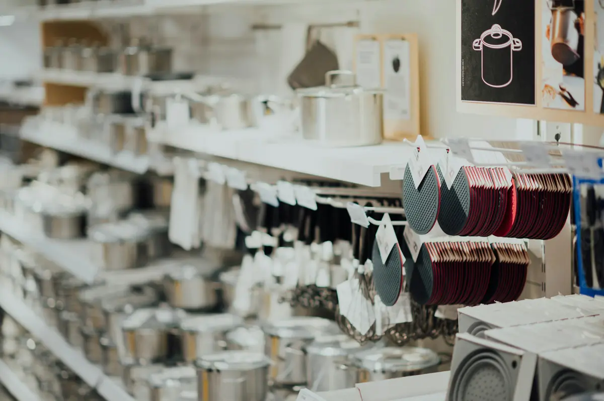 Homewares and kitchen items displayed on shelves
