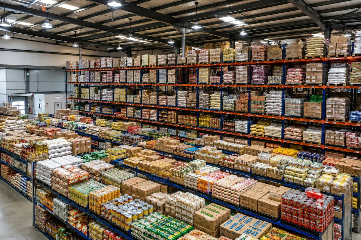 Bulk wholesale goods stacked in a storeroom